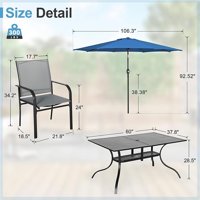 Crownland 7 Piece Patio Dining Set, Outdoor Textilene Dining Sets, 6 Textilene Metal Chairs and Rectangular Outdoor Dining Table with Dark Blue 9FT Round Outdoor Umbrella (Grey)