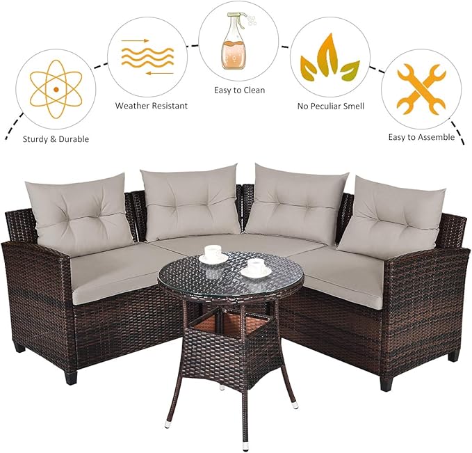 HAPPYGRILL 4 Pieces Curved Outdoor Sofa Set Rattan Wicker Patio Furniture Set with Coffee Table & Cushions Modern Conversation Set Curved Sofa Set for Garden Poolside Balcony