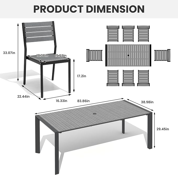 9 Pieces Outdoor Dining Set, 83" Patio Table and Stackable Chairs | All-Weather Aluminum Frame Adjustable Umbrella Hole & WPC for Garden, Patio, Backyard (Grey)