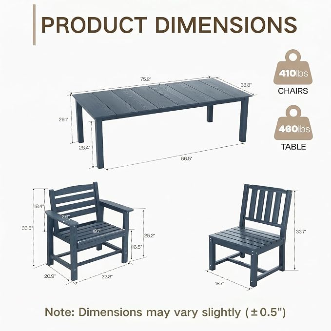 Kingdura 7 Piece Patio Dining Set for 6, 75.2'' HDPE Outdoor Dining Table Set with 2" Umbrella Hole, Weather-Resistant Outdoor Furniture, Table and Chairs Set for Backyard Pool Garden, Navy Blue