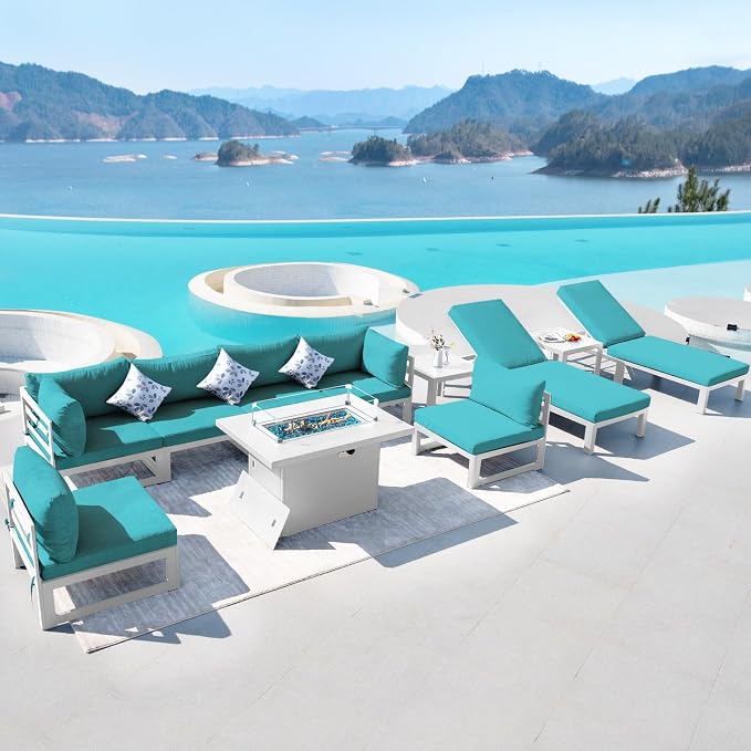 RADIATA Oversized Modern Aluminum Patio Furniture Set with Lounge Chair & Fire Pit Table, 29" Wide Deep Seated, Comfy Outdoor Sectional Sofa Set of 11, 500 lbs Heavy Duty Conversation Set, Turquoise