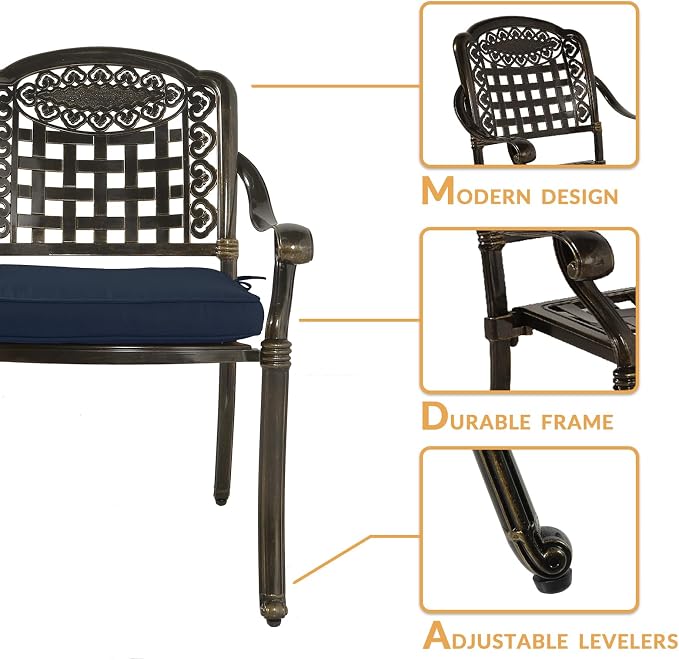 7-Piece Outdoor Patio Dining Set, 60” Rectangular Cast Aluminum Dining Table with Umbrella Hole and 6 Outdoor Dining Cushioned Chairs, Patio Funiture Set for Backyard, Patio, Garden, Navy