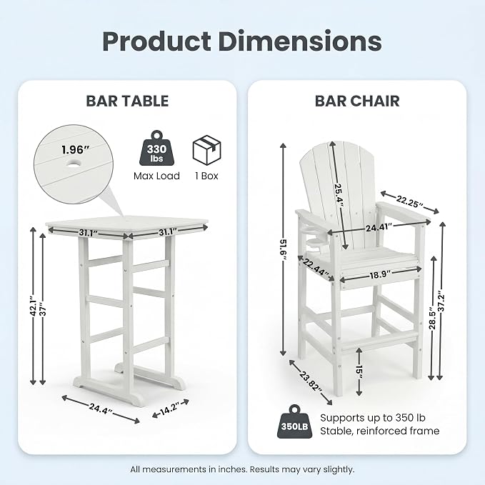 3-Piece HDPE Bar Height Table and Chairs Set, 42.1" Square High Top Pub Table with Umbrella Hole, 2 Adirondack Charis with Cup Holders, Outdoor Patio Dining Set for Bistro Backyard Deck White