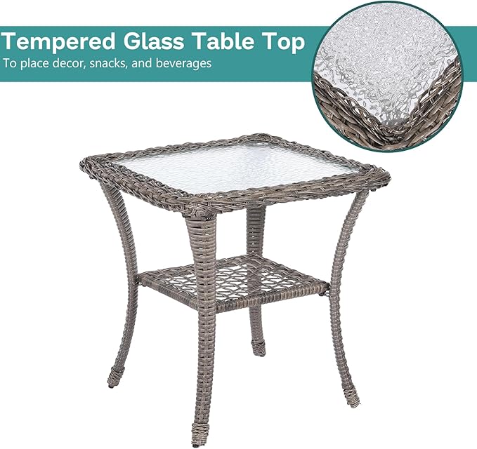 MEETWARM 3 Pieces Outdoor Patio Wicker Rocking Glider Set, Rocking Chairs Rattan Patio Furniture Sets with Glass-Top Coffee Table and Thickened Cushion, Conversation Bistro Set, Gray