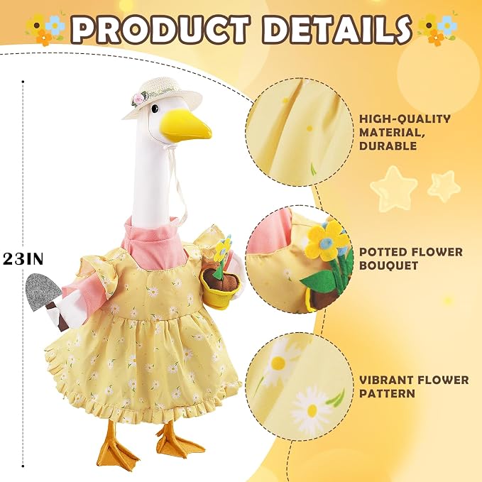 Erythem Gardener Porch Goose Outfits, Cute Spring Porch Goose Clothes with Straw Hat, Shovel & Flower Pot Fits 23" Cement Plastic Geese Statue for Outdoor Garden Yard Decor