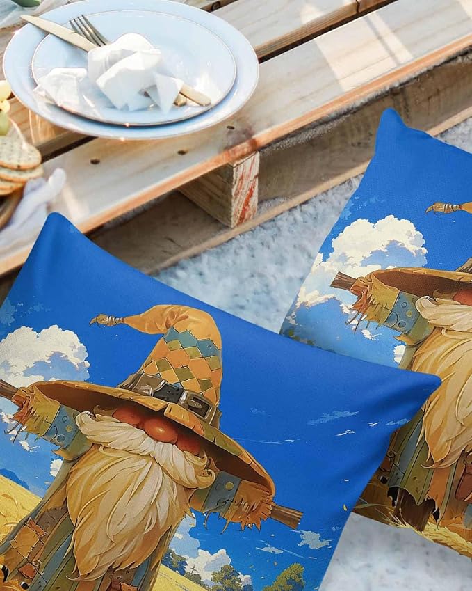 Outdoor Waterproof Throw Pillow Covers 24x24in, Fall Gnome Scarecrow Cushions for Garden Patio Furniture Chairs Set of 2, Blue Sky Wheat Field Home Decor Couch Sofa Polyester Pillow Cases