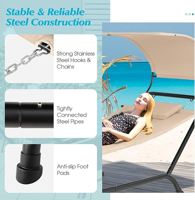Giantex Hanging Hammock with Stand, Patio Hanging Chaise Lounge Chair w/Canopy, Cushion, Pillow & Storage Bag, Heavy Duty Swing Hammock Bed for Garden Lawn Backyard Patio Poolside Porch (Beige)