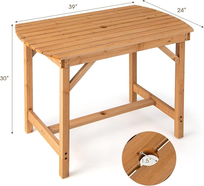 Giantex Patio Dining Table, Outdoor Solid Wood Table for 4 or 6 Persons, with 1.5” Umbrella Hole, Indoor Outside Table for Lawn, Backyard, Garden