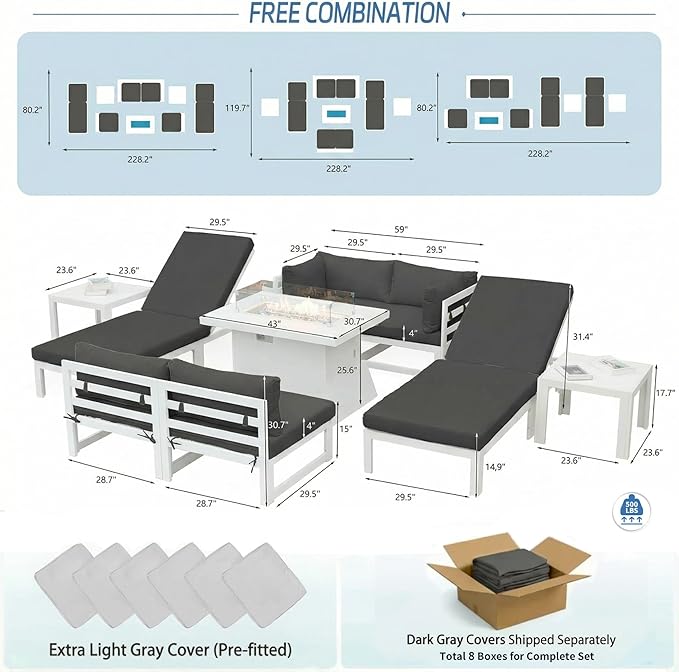 NICESOUL 6 People Large Luxury Aluminum Patio Conversation Set with Lounge Chair & Firepit Table, 29" Deep Wide Modular Sectional Couch, 500 lbs Sturdy All Weather Outdoor Sofa for Poolside, Dark Gray