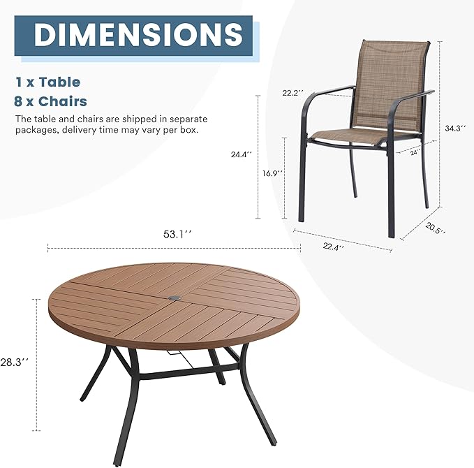 DIFY 9 Pieces Outdoor Patio Dining Set for 8, 53.1" Walnut Round Metal Dining Table and 8 Brown Stackable Sling Dining Chairs, Outdoor Table and Chairs for Lawn Garden Backyard Deck