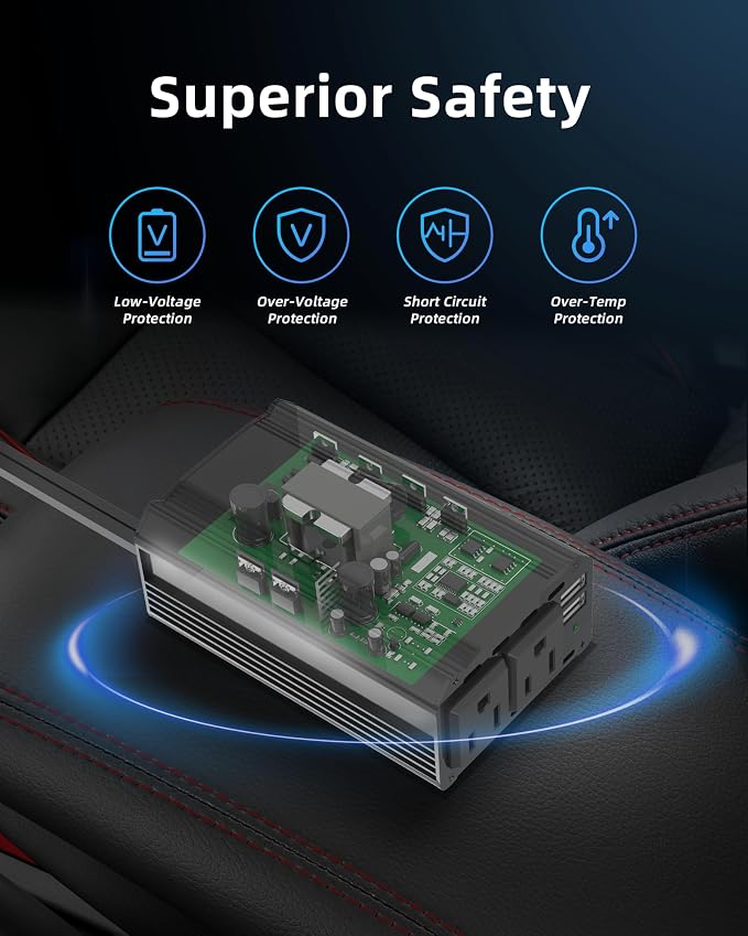 300W Power Inverter DC 12V to 110V Car Charger Converter with Dual USB Ports and 2 AC Outlets for Air Compressor Laptops, Road Trip Accessories (Black)