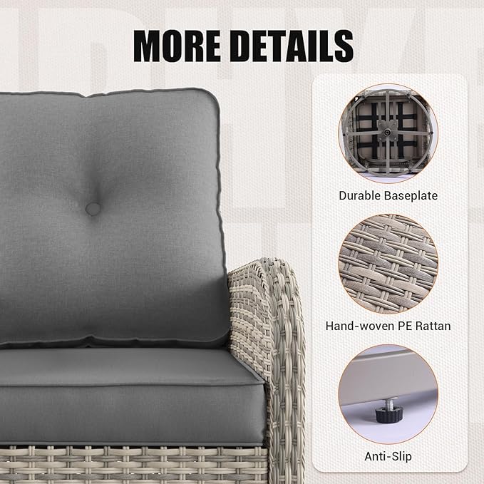 15-Piece Outdoor Patio Furniture Set with Rocking Swivel Chair Wicker Sectional Sofa Set, Patio Conversation Set with Thickened Cushions & Coffee Table for Garden, Backyard, Poolside, Grey