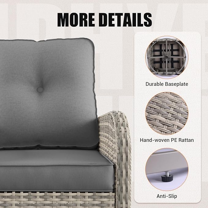 11-Piece Outdoor Patio Furniture Set with Rocking Swivel Chair, Wicker Rattan Sectional Sofa Conversation Set with 55,000 BTU Fire Pit Table, Backyard Furniture, Grey