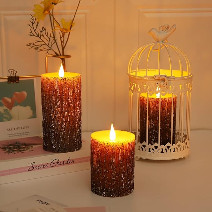 AKU TONPA Pine Bark Effect Flameless Candles Battery Operated Pillar Real Wax Flickering Electric LED Candle Sets with Remote Control Cycling 24 Hours Timer, 3" x 4" 5" 6" Pack of 3