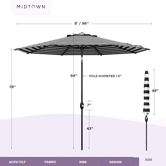 Midtown Umbrellas - The Lean 8 Ft Patio Umbrella with Fade-Resistant Sunbrella Fabric, Auto-Tilt Aluminum Frame and 8 Reinforced Ribs for Deck, Pool & Garden - Black & White Canopy, Black Pole