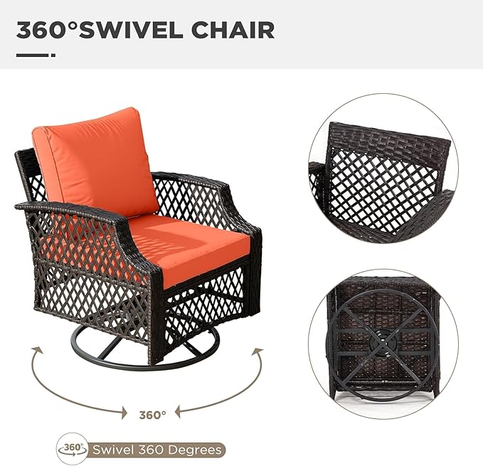HOMREST 3 Piece Outdoor Swivel Chair Set, Wicker Patio Bistro Set with Thickened 25D Cushions and Glass Coffee Table, Patio Furniture Conversation Set for Deck, Yard, Garden, Poolside(Orange)