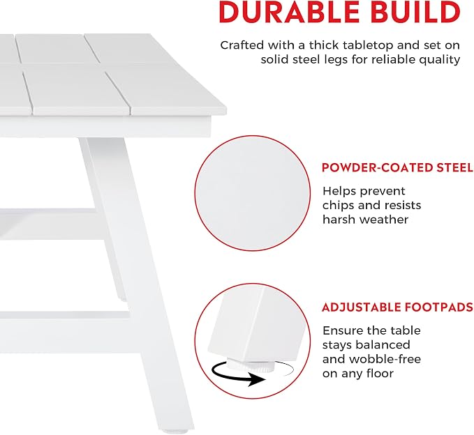 Costaelm Stinson 7-Piece Outdoor HDPE Patio Dining Table Set with Umbrella Hole & Dining Chairs for 6, White