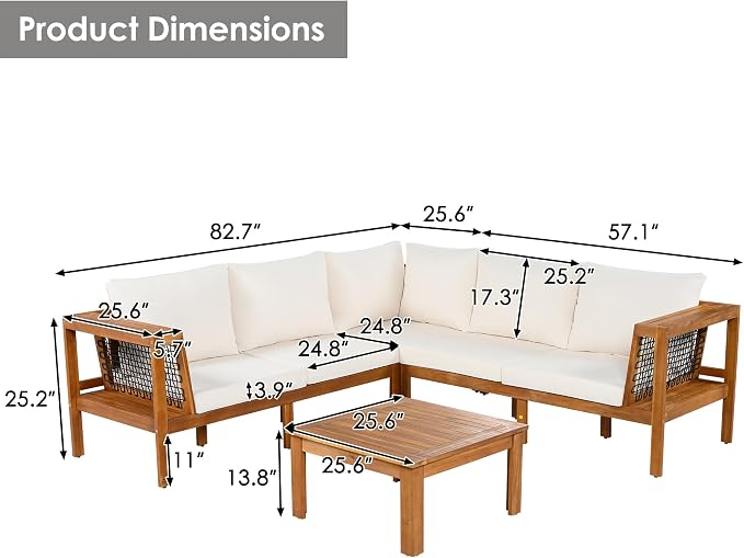 Merax Outdoor Patio Furniture Set 5 Seats, L-Shaped Outdoor Sectional Corner Sofa Set, Acacia Wood Conversation Sets with Washable Cushions & Coffee Table, Patio Furniture for Backyard, Porch, Beige