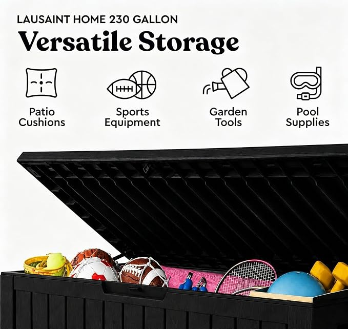 LAUSAINT HOME 230 Gallon Resin Deck Box, Package Delivery Box with Lockable Lid, Waterproof Outdoor Storage Box For Garden Tools, Patio Cushions(230 Gallon,Black)