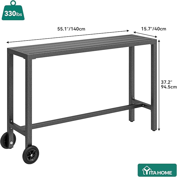 YITAHOME 55" Outdoor Bar Table, Rectangle Narrow Counter Height Table, Ideal Bar Height Table for Balcony, Patio, Garden, Yard, Poolside, Silver Bottom Texture