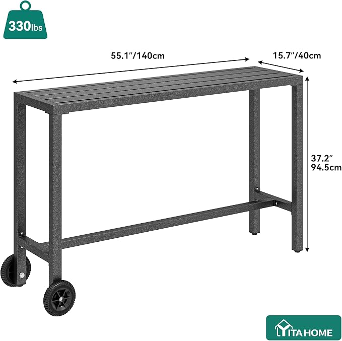 YITAHOME Outdoor Bar Table, 55" Narrow Metal Patio Bar Height Table, Rectangle Console Table with Wheels, Tall Counter for Garden Poolside, Silver Bottom Texture