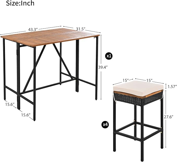 5-Piece Outdoor Patio Dining Set, Acacia Wood Bar Height Table with Foldable Tabletop and Four Stools with Cushions, High-Dining Bistro Set
