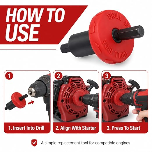 Electric Engine Drill Bit Adapter, Jump Starter Tool Replacement for Craftsman Speed Start Bit, Fits for Troy Bilt B&S Lawn Mower, Snow Blowers, No Manual Pull to Start