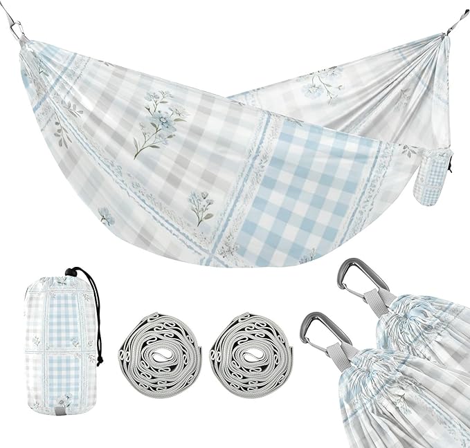 Blue Gingham Floral Hammocks for Camping with Portabl Carry Bag Hanging Hammock Outside Beach Patio Garden