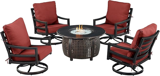 Oakland Living Black Aluminum Patio Fire Table Set with Four Club Chairs and Red Cushions
