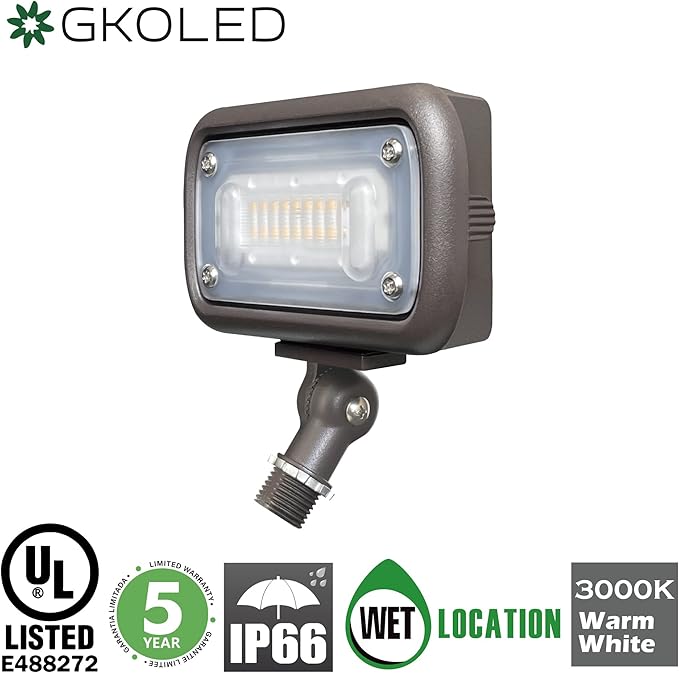 GKOLED 15W Outdoor LED Flood Security Lights, Waterproof Landscape Lighting, 50W PSMH Equivalent, 1370 Lumens, 3000K Warm White, 120-277V, 1/2" Knuckle Mount, Compact Size, UL-Listed