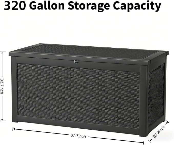 Outdoor Storage Deck Box, Large Patio Container for Garden Tools, Cushions and Yard Accessorie.Lockable Waterproof Resin Weatherproof Storage Container (Black, 320 Gallon)