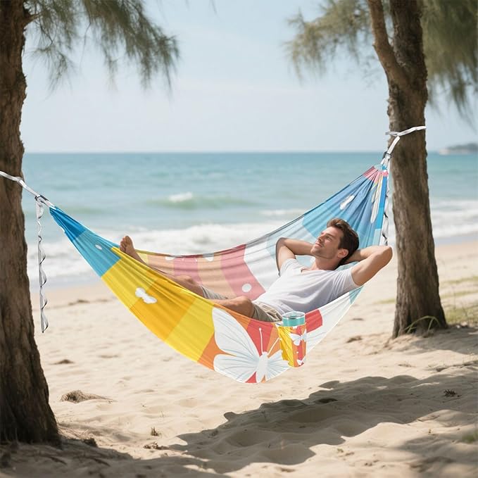 White Butterflies and Stripes Outdoor Hammock with Hanging Rope Hanging Hammock for Outside Patio Garden