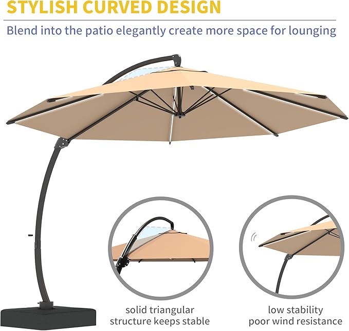Kingdura 11ft Offset Cantilever Patio Umbrella with Solar Lights, Large Round Outdoor Umbrella with Base Included, Aluminum Frame, 360° Rotation & Infinite Tilt for Deck Pool Backyard, Champagne