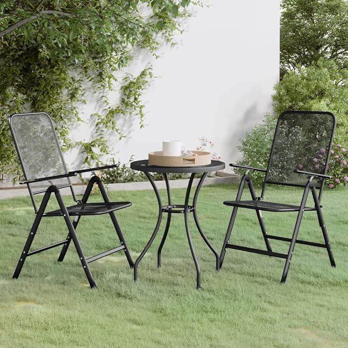 3 Piece Patio Dining Set with Expanded Metal Mesh Folding Chairs and Table for Outdoor Garden Backyard Balcony BBQ, Heavy Duty E-Coating, 7 Position Reclining Seat, Anthracite