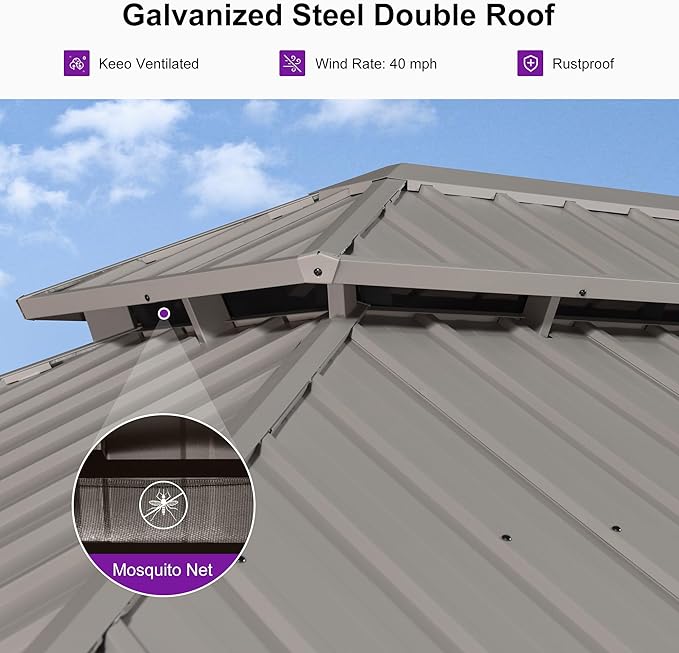 PURPLE LEAF 8' x 14' Outdoor Hardtop Gazebo, Champagne Metal Gazebo with Galvanized Steel Double Roof, Curtains and Netting for Patio Lawn and Garden