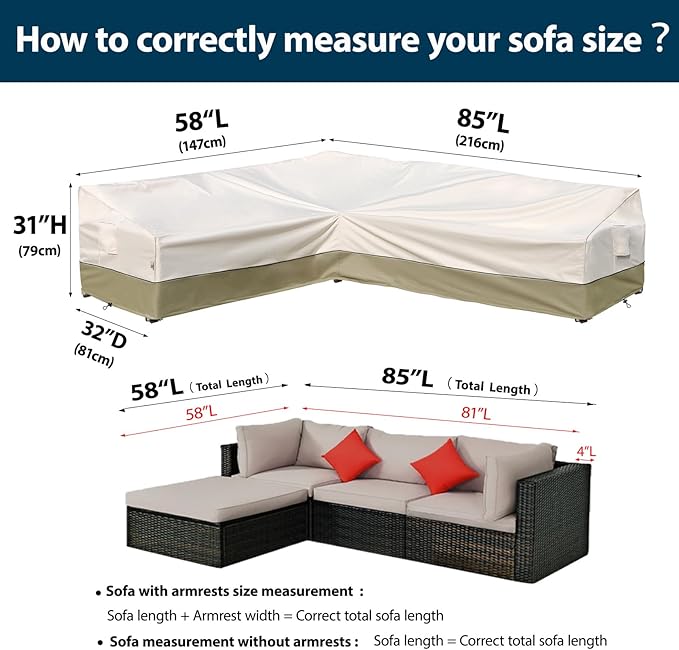 Outdoor Sectional Cover - Waterproof, Rip-Stop, Anti-UV 600D Heavy Duty Outdoor Couch Cover with 3 Air Vent (L-Shaped-Left Facing-58''X85''), Light Green