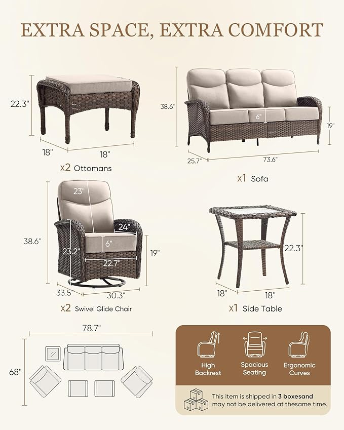 Belord Upgraded 6“ Cushion Luxury 6 Piece Patio Furniture Set - Wicker Couch Outdoor Conversation Set with Swivel Rocker Patio Chairs, Deep Seat Glider Chairs Set for Deck Porch - Brown/Beige