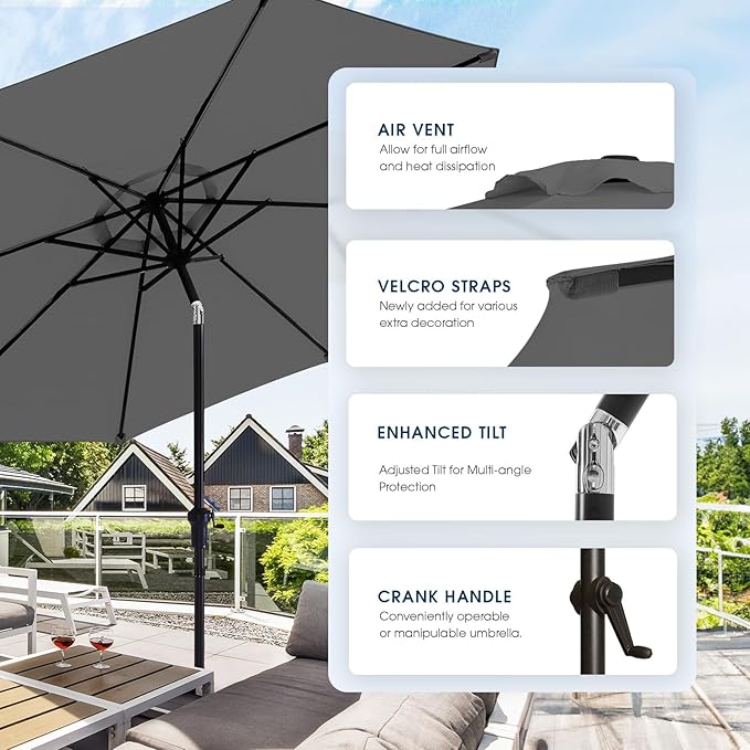wikiwiki 10FT Patio Umbrella with Base, Outdoor Umbrellas with Base Included, 8 Sturdy Ribs, Waterproof Fade Resistant POLYESTER DTY Canopy for Deck, Lawn, Garden, Backyard & Pool, Dark Gray