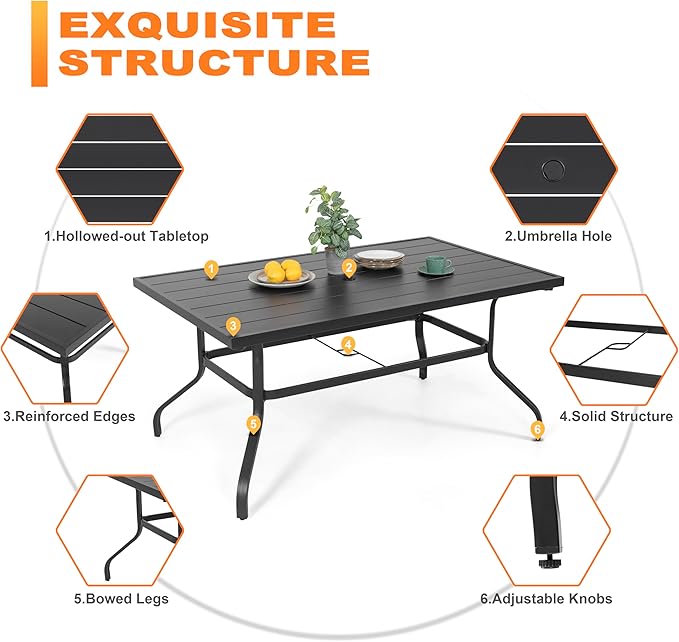 NUU GARDEN 7 Piece Outdoor Dining Set, 6 All Weather Padded Textilene Patio Chairs and 61" Rectangular Dining Table with 1.57" Umbrella Hole, for Patio, Garden, Light Grey and Black