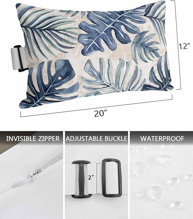 Pack of 2 Outdoor Lumbar Pillow Covers 12x20 Inch, Navy Blue Monstera Deliciosa Waterproof Throw Pillow Covers Set, Summer Botanical Tropical Vintage Decorative Cushion Cases for Patio Porch Car