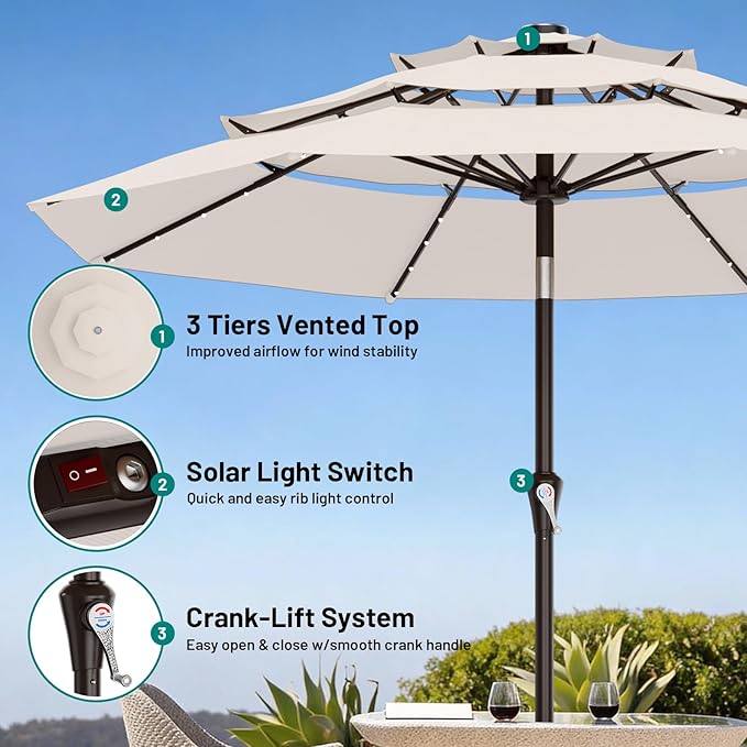 AreShark 9ft 3 Tiers Patio Umbrella with Solar Lights, Outdoor Umbrella w/ 32 LED Lights&8 Sturdy Ribs, Table Umbrella for Deck, Backyard, Pool (Ivory)