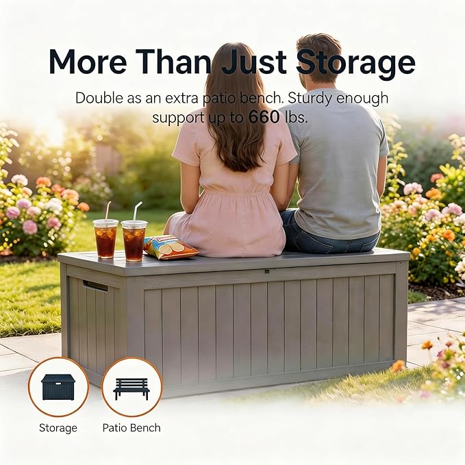 179 Gallon Resin Outdoor Storage Box, Waterproof Deck Box with Lockable Lid, Outside Storage Box for Patio Furniture, Pool Accessories, Garden Tools, Storage Bench for Backyard, Porch, Gray Brown