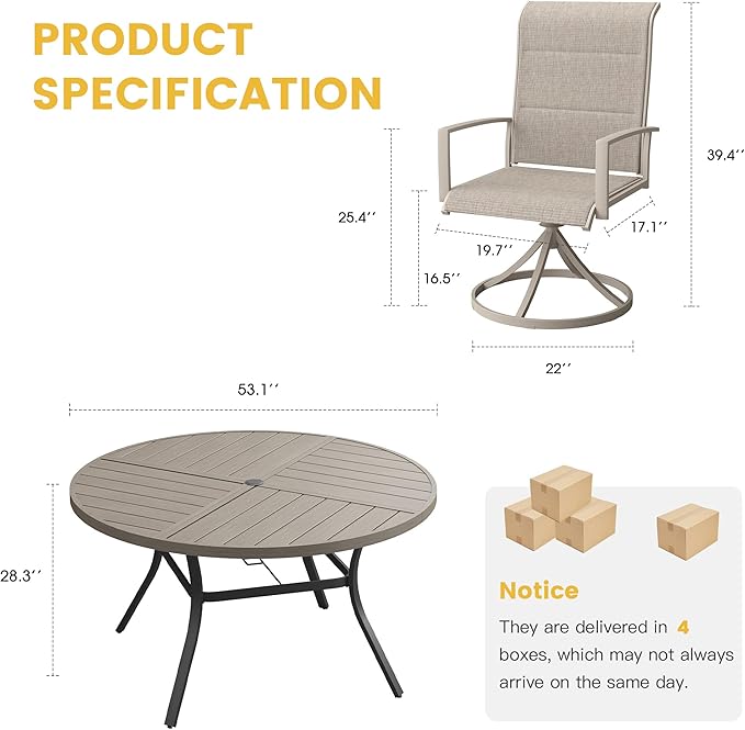 VICLLAX Patio Dining Set for 6, 6 Seats Outdoor Furniture Includes 53.1" Round Patio Table and Swivel Padded Chairs, Grey Wood Grain Tabletop and Sandshell Fabric