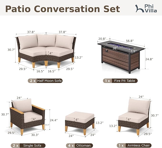 PHI VILLA Half-Moon Patio Furniture Set with 56" Fire Pit Table, Wicker Outdoor Curved Sectional Sofa with Cushions, Ottomans, Single Seats, Large Conversation Seating for Garden or Backyard, Beige