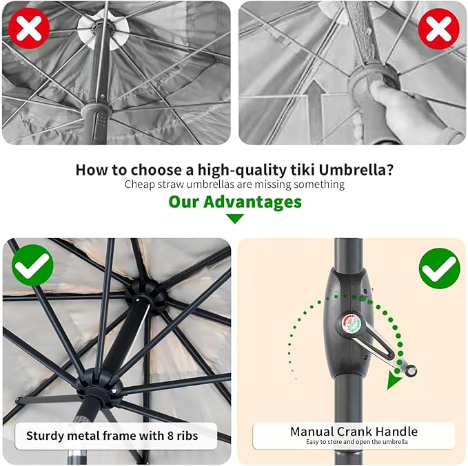 8FT Tiki Umbrella, Patio Umbrella Thatched Umbrella Outdoor Patio, Upgrade with UPF 50+, Tiki Beach Umbrellas with Zinc Alloy Push Button Tilt and for Pool Backyard