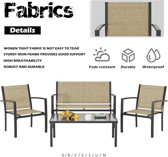 Greesum 4 Pieces Patio Furniture Set, Outdoor Conversation Sets for Patio, Lawn, Garden, Poolside with A Glass Coffee Table, Beige
