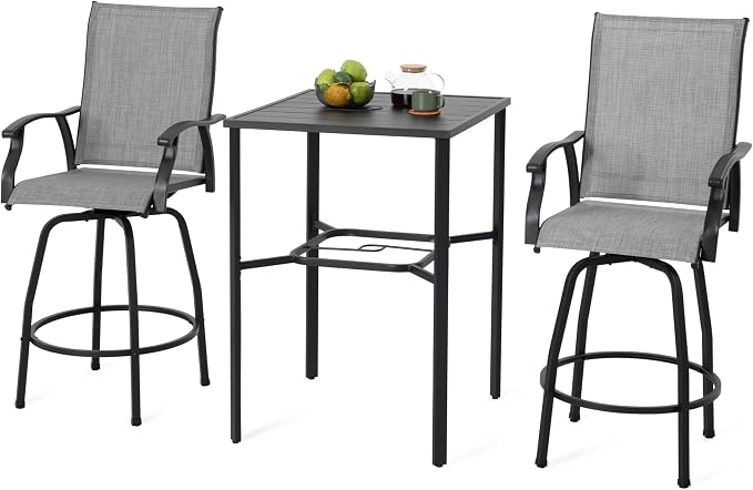NUU GARDEN 3-Piece Outdoor Swivel Bar Set, All-Weather Textilene High Bistro Stools and 28" Square Bar Table with Slatted Top and Umbrella Hole for Patio Garden Backyard Balcony, Gray and Black