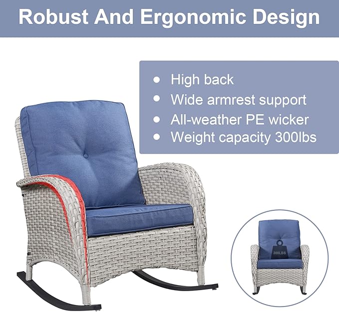 Belord Outdoor Rocking Chairs Set of 2, Wicker Rocker Rocking Chairs for Porch, 3 Pieces Patio Furniture Sets Rocking Bistro Set with Cushions and Side Table