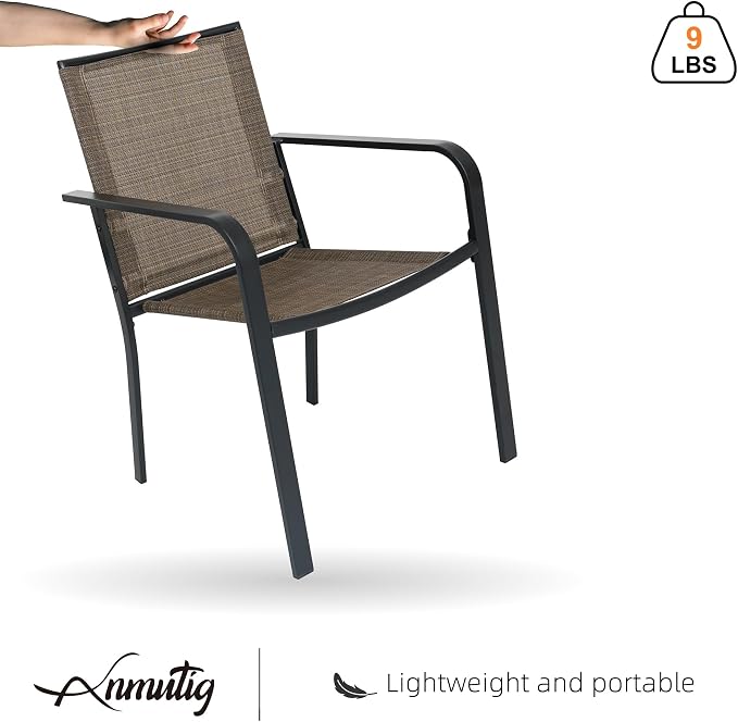 Patio Dining Set of 5 with Brown Tan Stackable Chairs, 63" Rectangle Table | Stackable Chairs, Metal Rectangle Table, Slat Table Top, 4 or 6 Person Use, All Weather, Textilene fabric Seat and Back