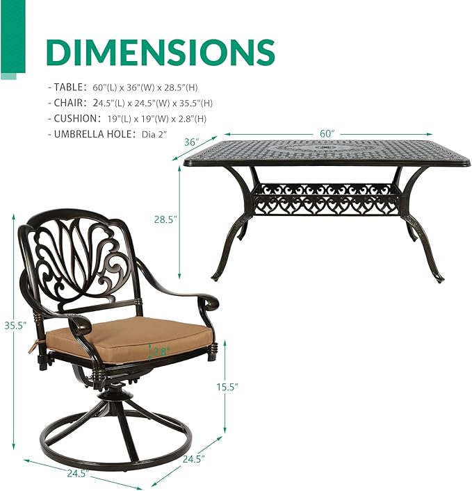 VIVIJASON 7-Piece Outdoor Furniture Dining Set, All-Weather Cast Aluminum Conversation Set Includes 6 Swivel Dining Chairs and a Rectangle Table with Umbrella Hole for Patio Garden Deck